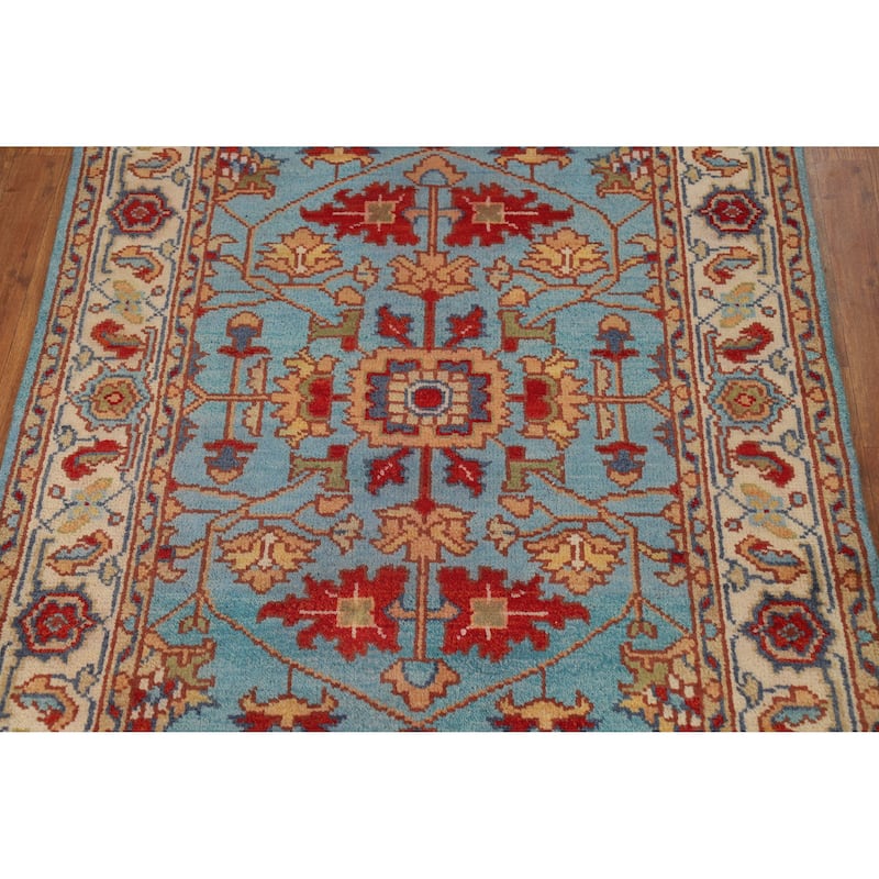 Light Blue Floral Oushak Oriental Rug Hand-Knotted Wool Carpet - 3'11" x 5'10"
