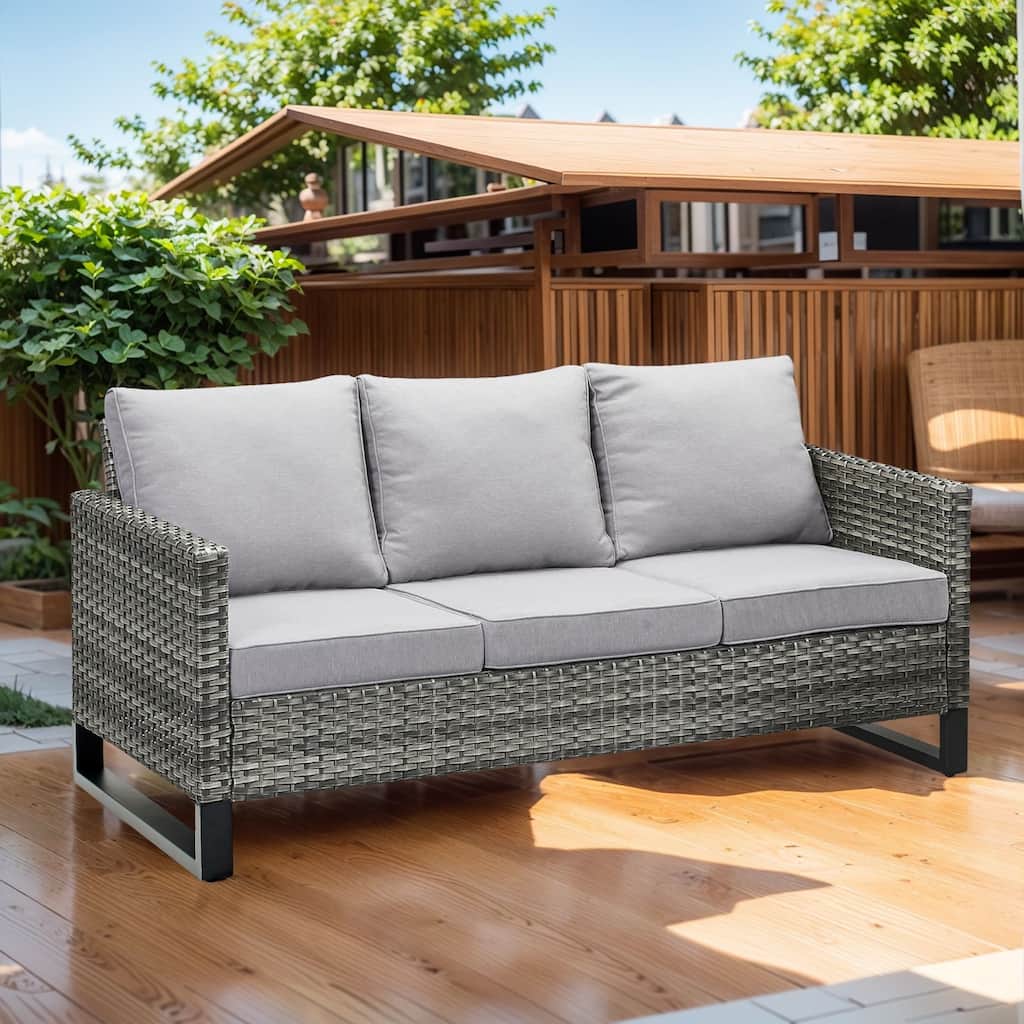 Outdoor 3-Seat Patio Wicker Sofa Grey - Beige