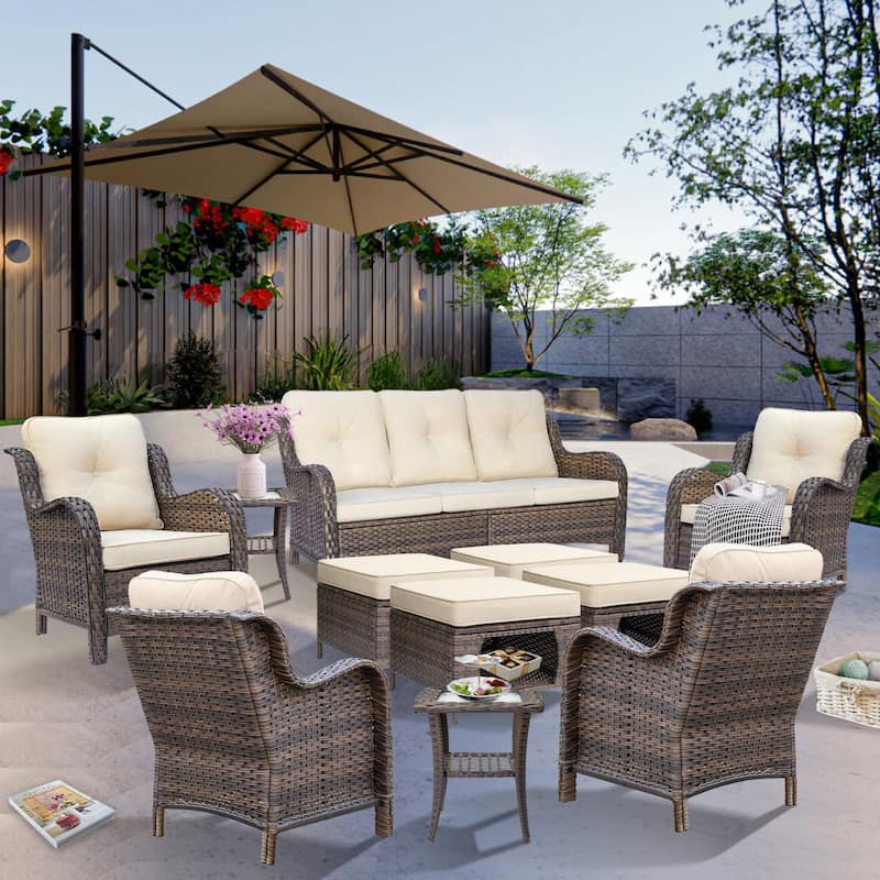 Outdoor Brown Wicker Patio Furniture Seating Sets with Beige Cushions - 11 Piece