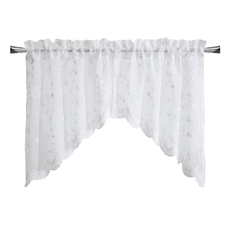 Grandeur Embroidered Sheer Curtain Valance and Tiers with Scallop Detail