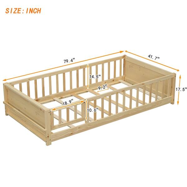 Natural Twin Size Pine Wood Floor Platform Bed with Built-in Book Storage Rack, Door
