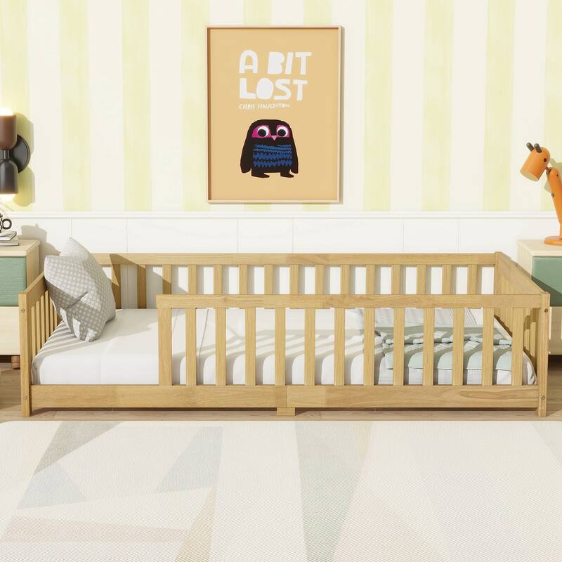 Twin Size Floor Bed with Fence without Door, Rubber Wood Floor Bed with Safety Guardrails - Natural