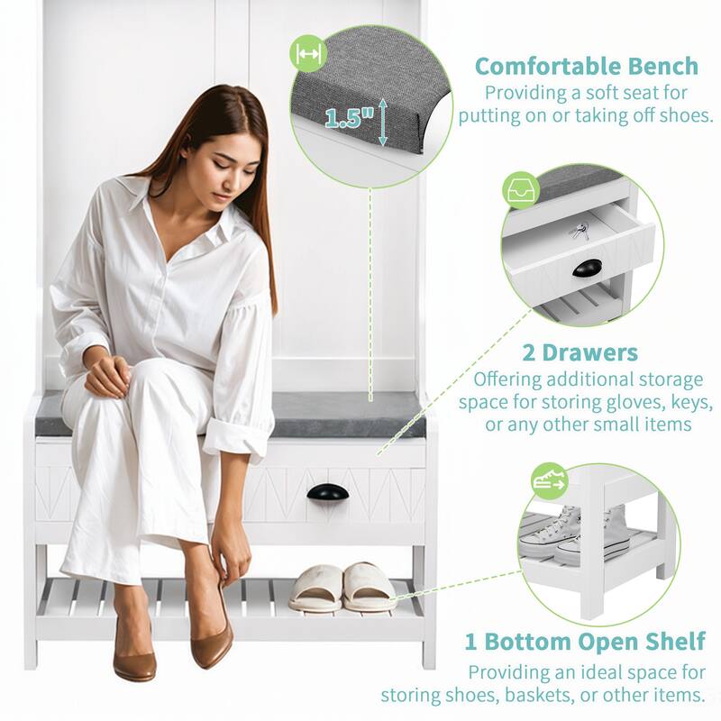 Hall Tree Coat Rack with Storage Bench, Entryway Bench with Shoe Rack and 6 Hooks, 3 in 1 Wood Organizer for Home