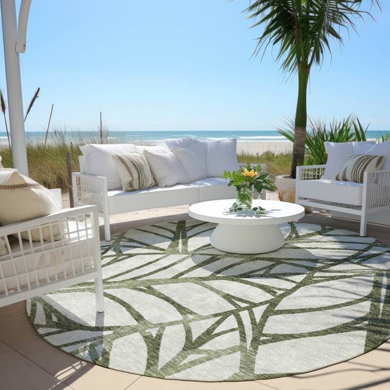 Machine Washable Indoor/ Outdoor Chantille Modern Palms Rug - Olive - 8' x 8'