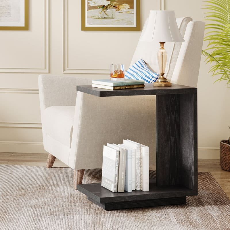 C-shaped Side Table Set Of 2, 2-tier Narrow End Table Wood Nightstand