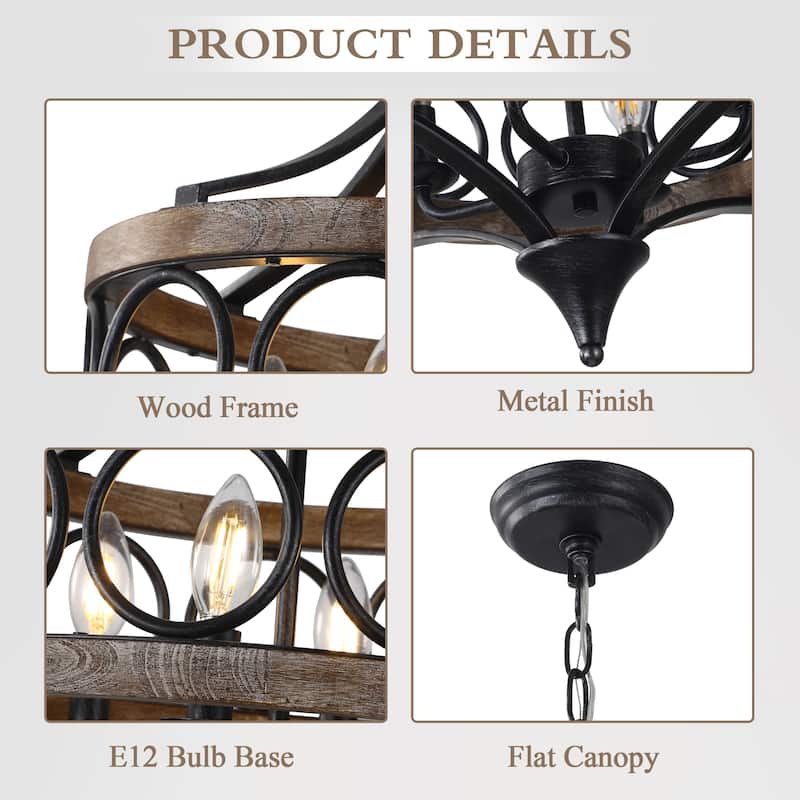 Cusp Barn 4-Light Farmhouse Drum Wood Chandelier, 16'' Rustic Pendant Light, Round Metal Hanging Light Fixture for Dining Room