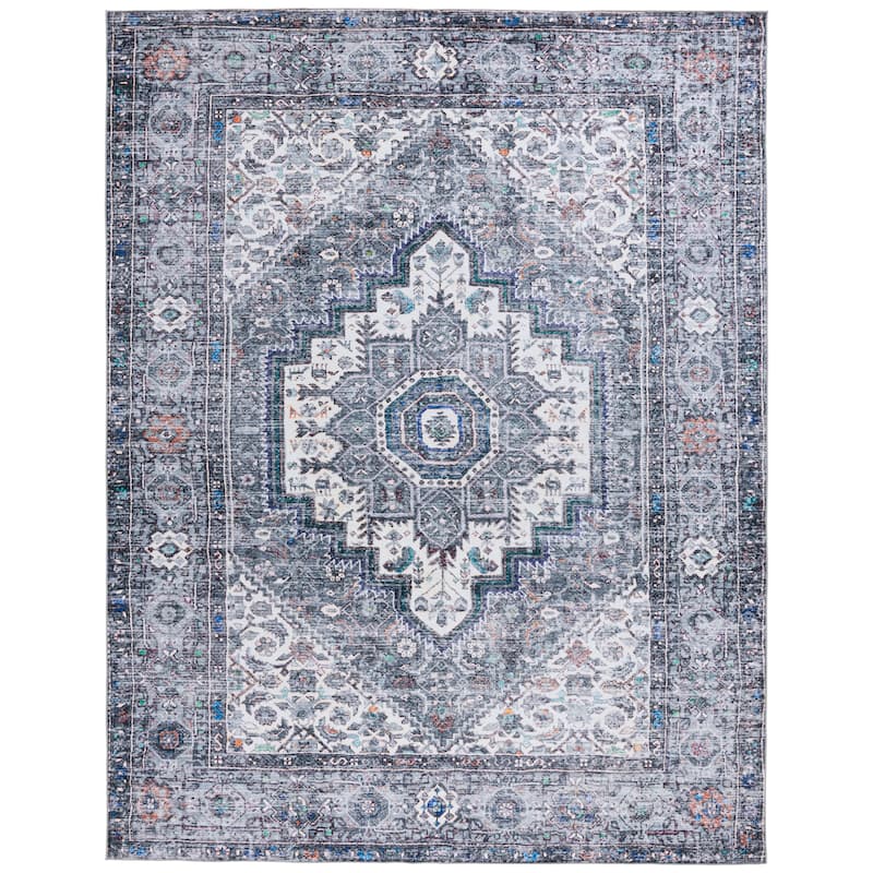 SAFAVIEH Tucson Machine Washable Slip Resistant Hildetraud Oriental Medallion - 9' x 12' - Beige/Grey - Rectangle