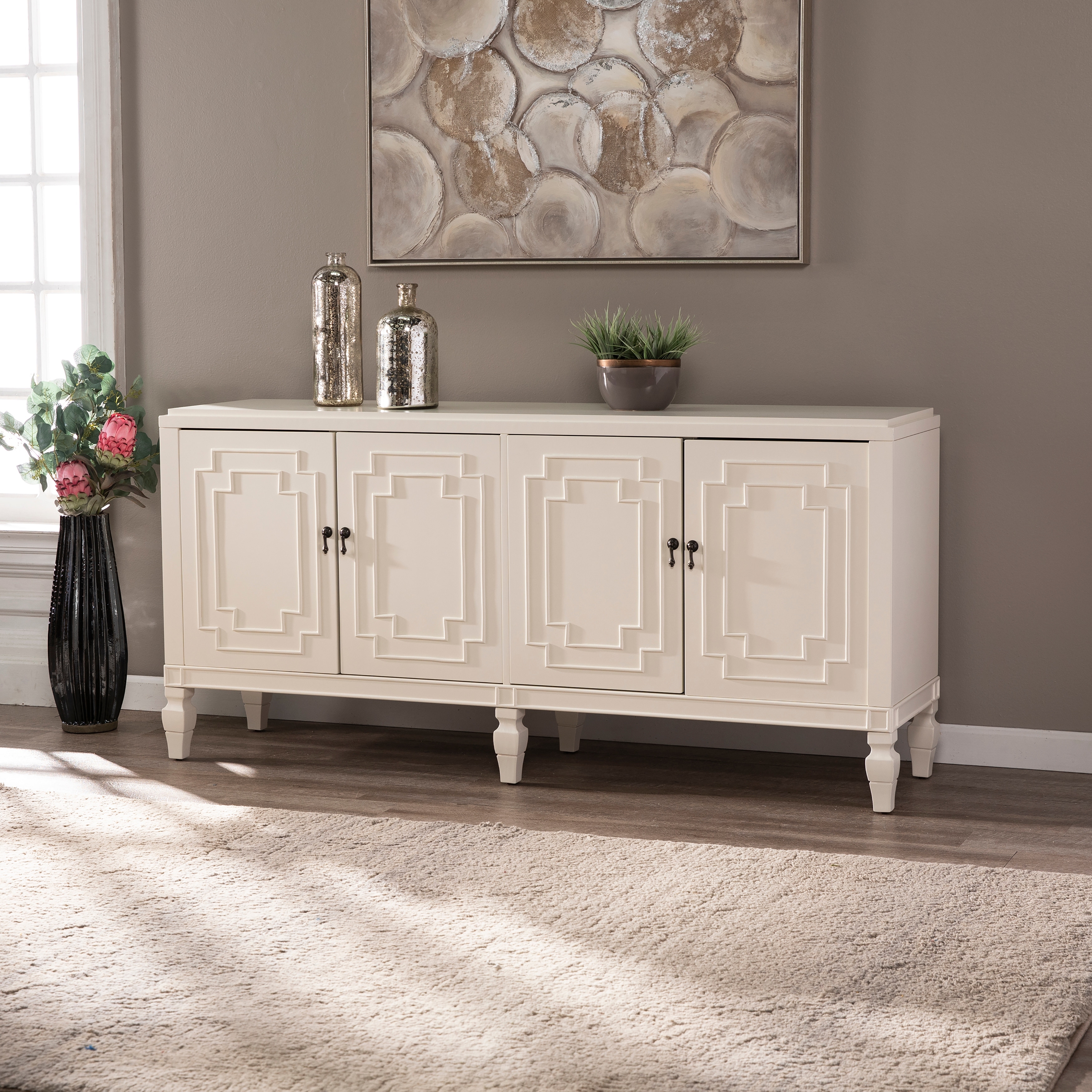 SEI Furniture Taborley Transitional 4-Door Sideboard Antique White Wood Accent Cabinet Buffet