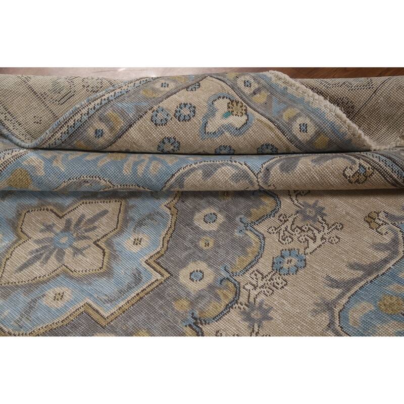 Beige Geometric Tabriz Persian Vintage Rug Hand-Knotted Wool Carpet - 6'3" x 9'1"