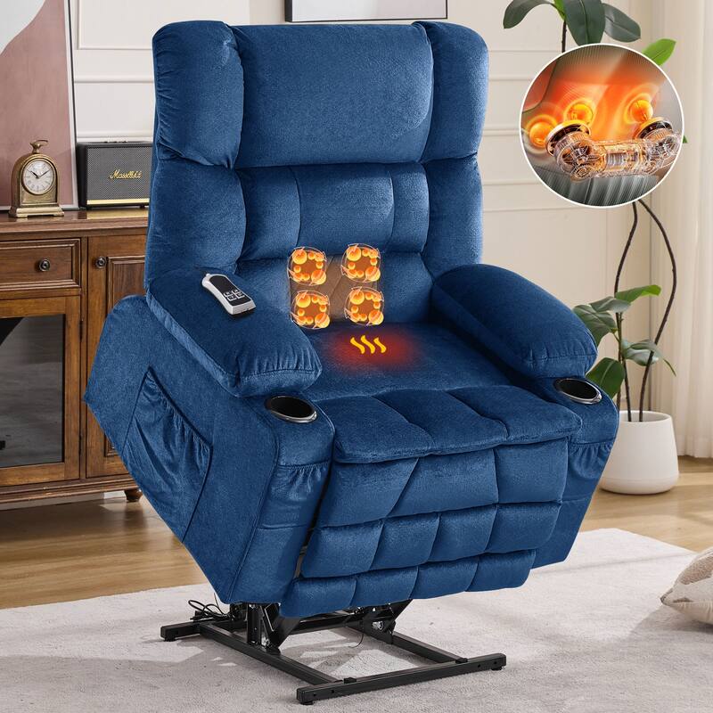 Dual Motor Power Lift Recliner Chair, Lay Flat Lift Chair w/Heat and Massage & Cup Holders, Extra Wide Recliner for Big People