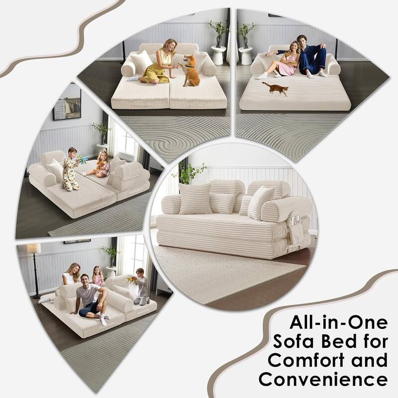 Convertible Sleeper Sofa Bed, 78.5" Corduroy Foldable Loveseat Sofa, King Size Floor Mattress Couch, No Assembly Required