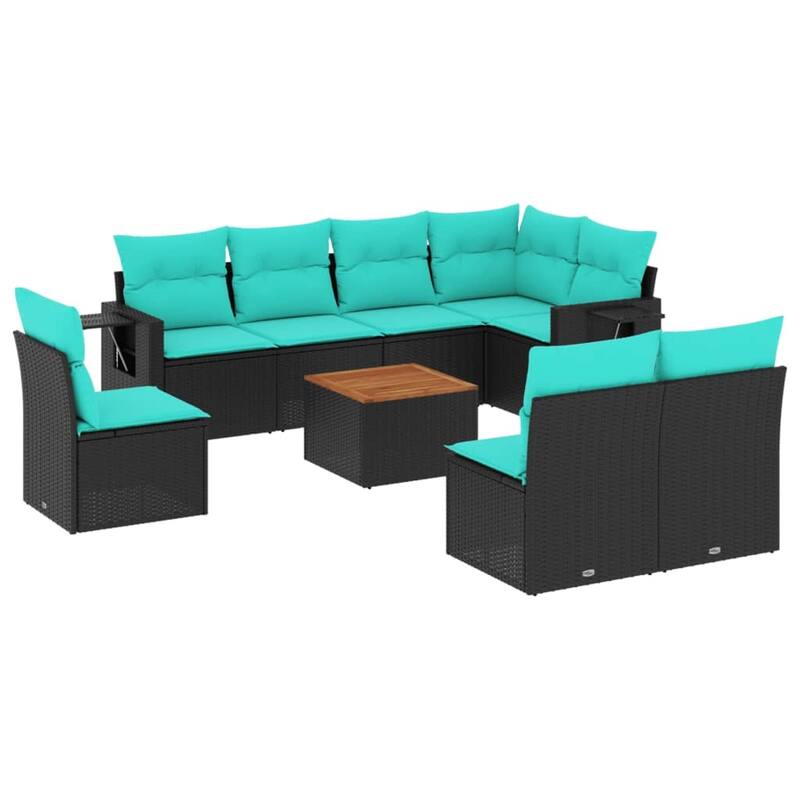 vidaXL 9 Piece Patio Sofa Set with Cushions Black Poly Rattan - 24.4x24.4x27.2