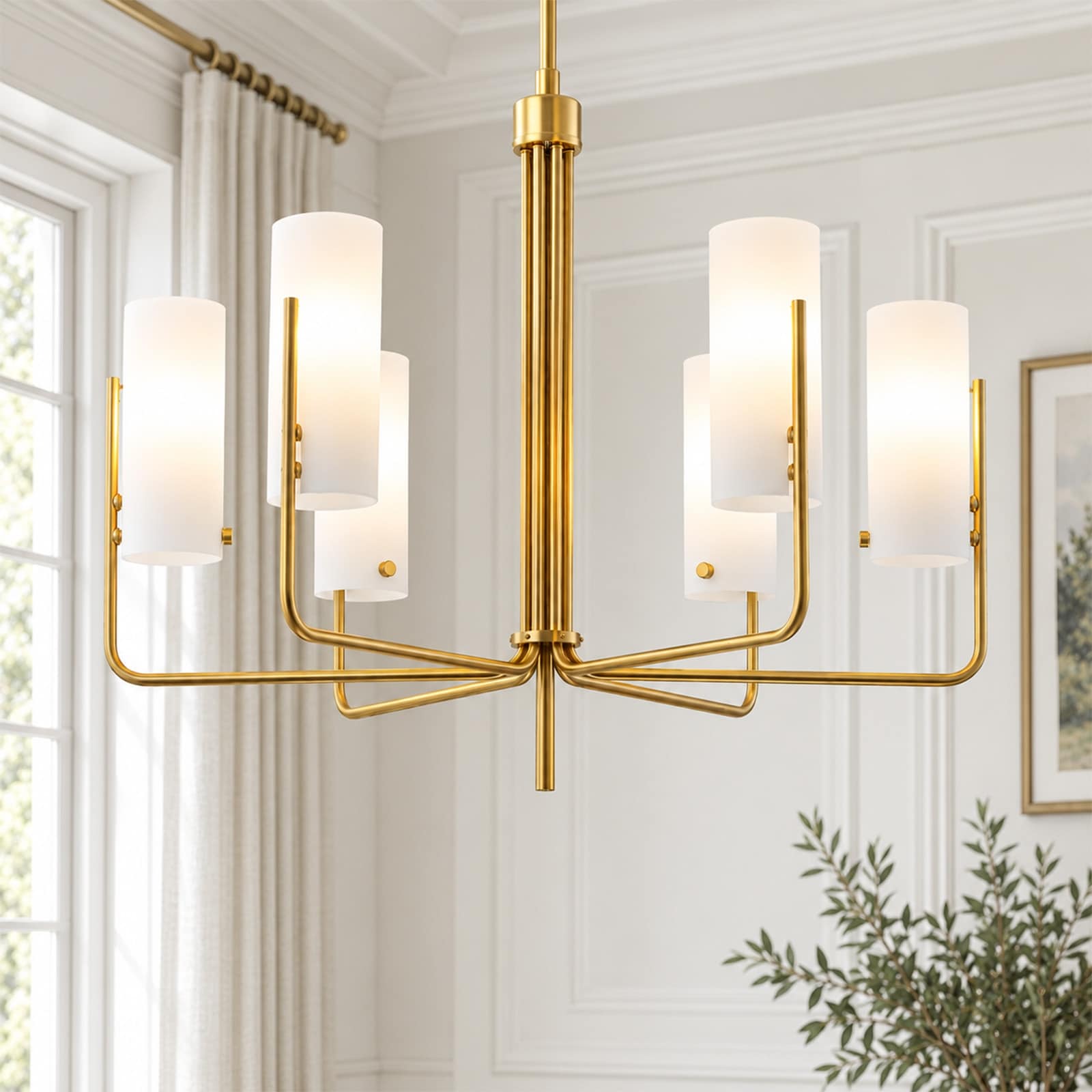 Rennnsan 25.6 in. 6-Light Modern Sputnik Chandelier, Brass White Glass Chandelier for Living Room - 25.6 in. Dia × 16.5 in. H