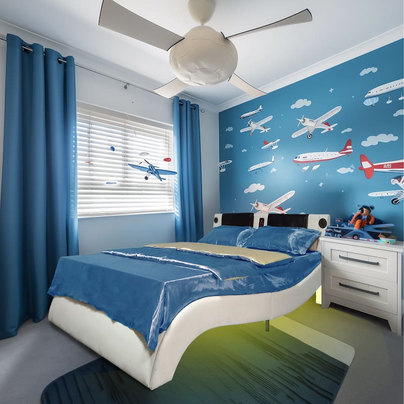 Modular King Size Bed Frame with LED Lighting, Bluetooth Music Control, Vibration Massage, USB Ports, and RGB Atmosphere Lights - White