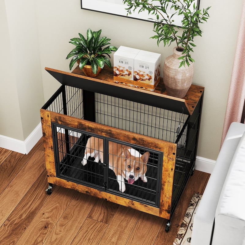 Wooden Dog Crate/Kennel with Flip-Top, Tray and 3 Lockable Doors and Wheels - 38" x 25" x 30.5" (L x W x H)