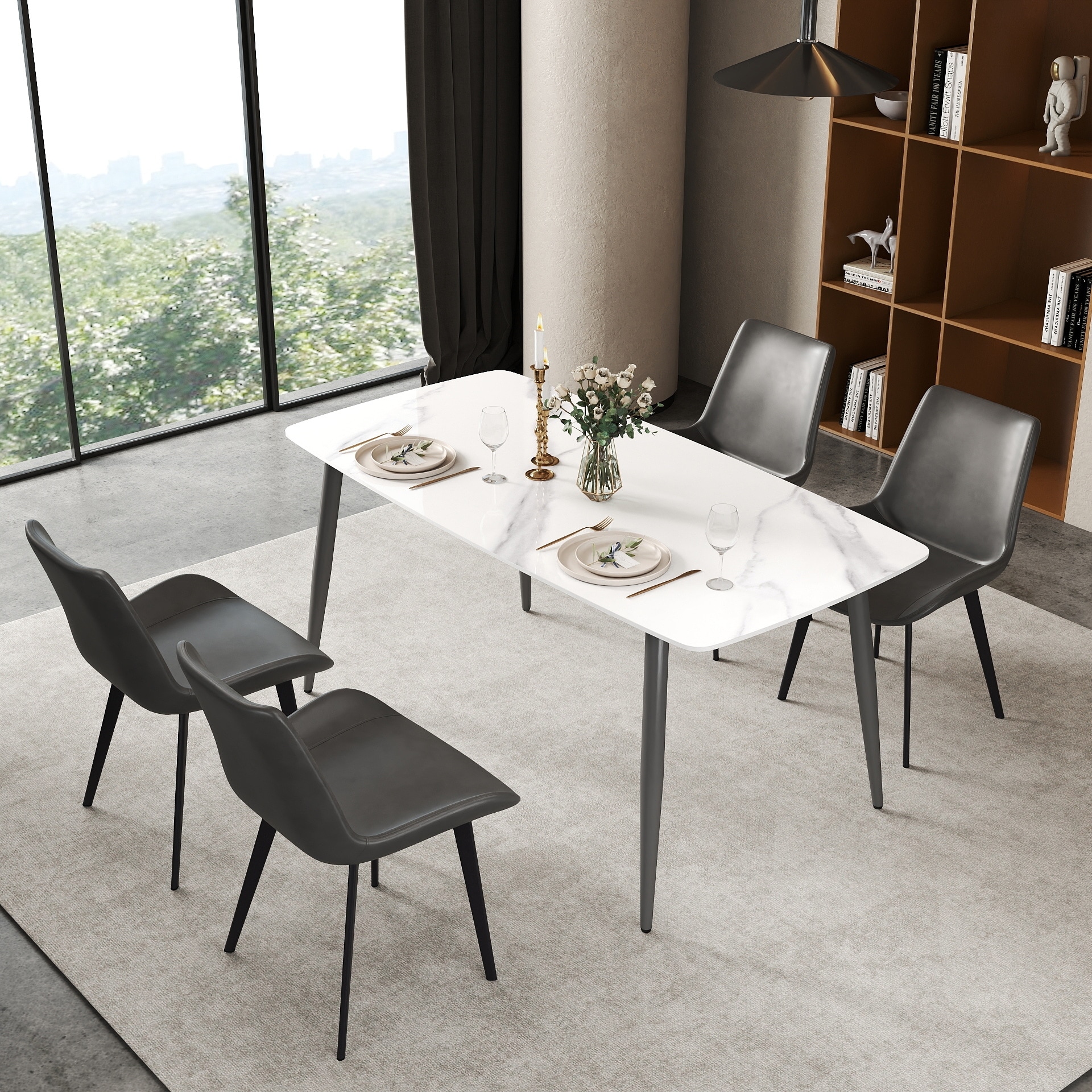 63" Rectangle Modern Kitchen Table with Sintered Stone Dining Table Top and Metal Legs