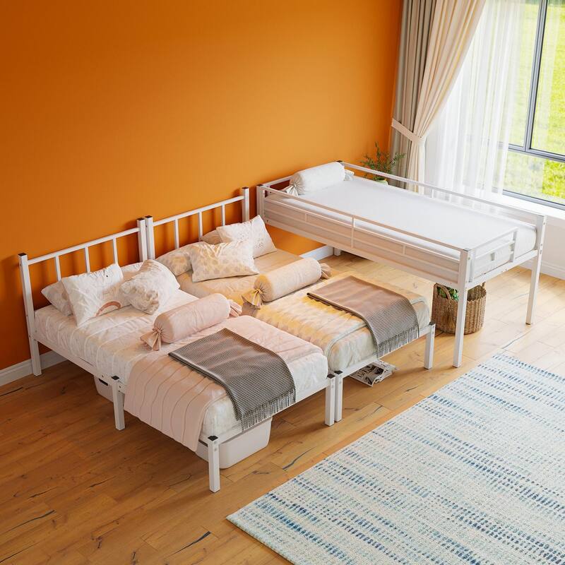 Twin Over Twin Over Twin Bunk Bed, Metal Triple Twin Bed with Safety Guardrails and Ladder, Convertible 3 Beds