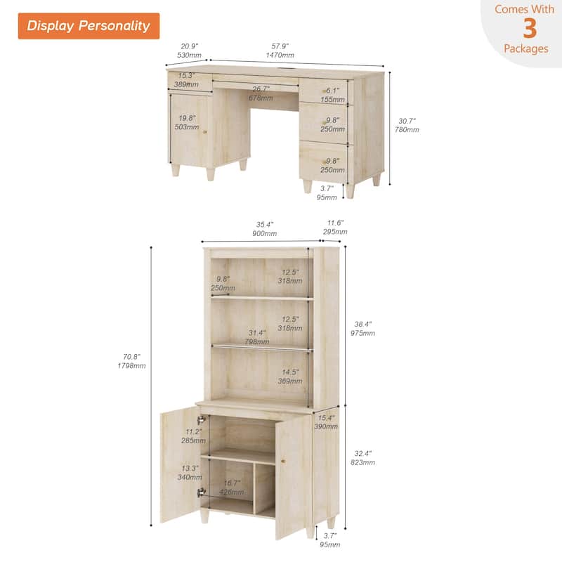 WAMPAT Home Office Furniture Set, 58" Executive Desk with Cabinet, 71" Tall Bookcase with Doors and Adjustable Shelves