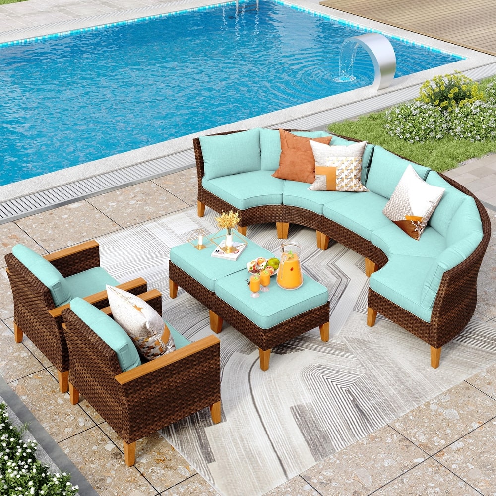 12-Seat Outdoor Wicker Half-Round Furniture Set, Half-Moon Sectional Sofa All Weather Curved Conversation Set