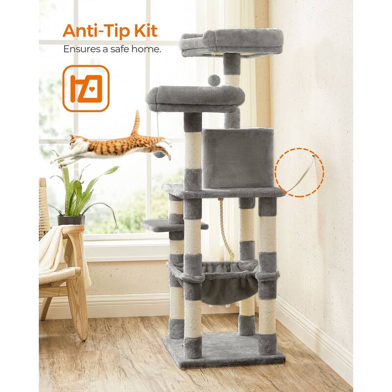 Grey Multi-Level Cat Tree with Sisal-Covered Scratching Posts and Hammock