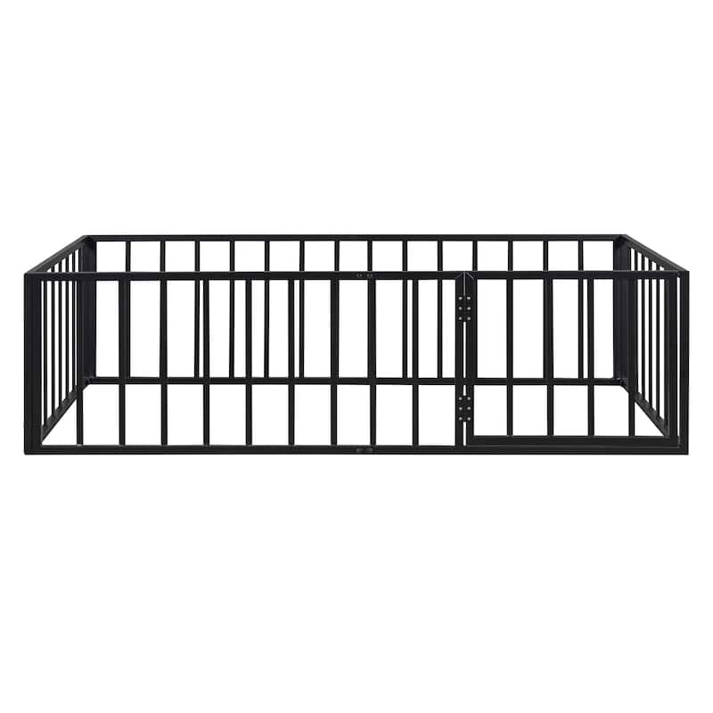 Twin Size Metal Floor Bed Frame with Fence and Door for Kids