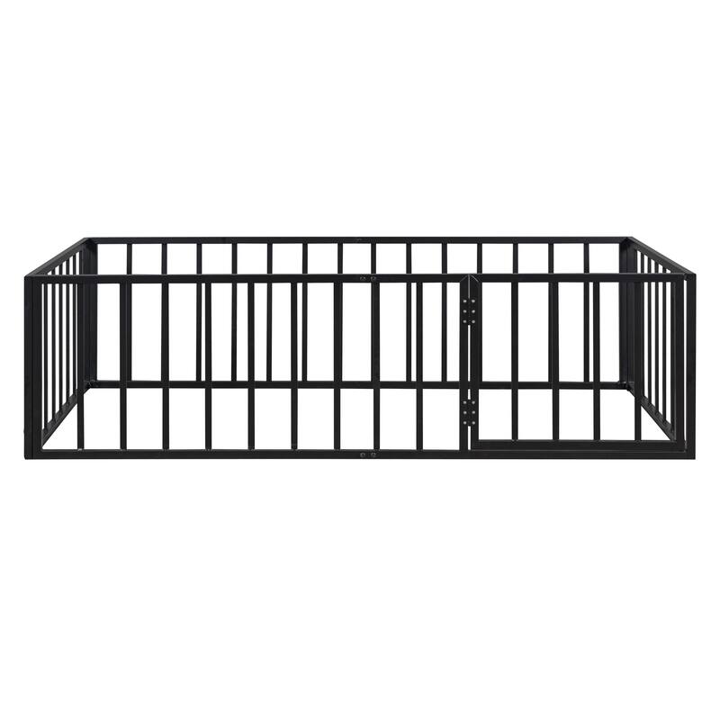 Twin Size Metal Floor Platform Bed Frame with Fence and Door, Fun and Sturdy Play Bed for Kids, Bedroom Furniture for Toddlers