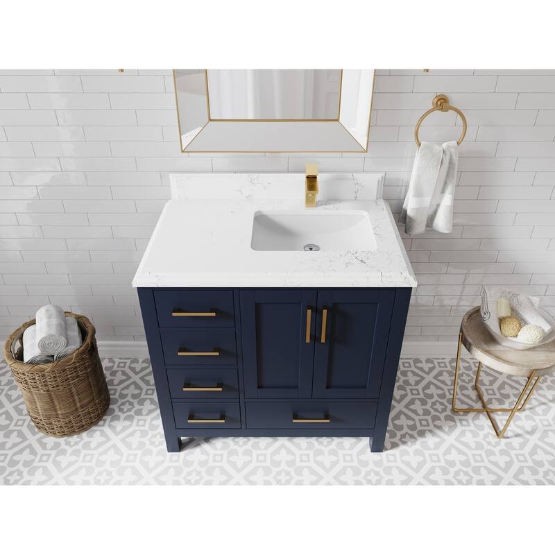 Willow Collections 36 in. W x 22 in. D Malibu Right Offset Sink Bathroom Vanity with Countertop - 1.5" Empira White - Navy Blue