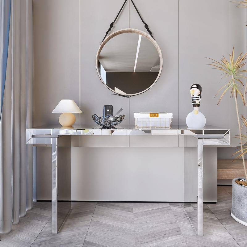 Luxury 60" Mirror Console Table with Fluted Glass for Elegant Entryway and Living Room Use - Silver