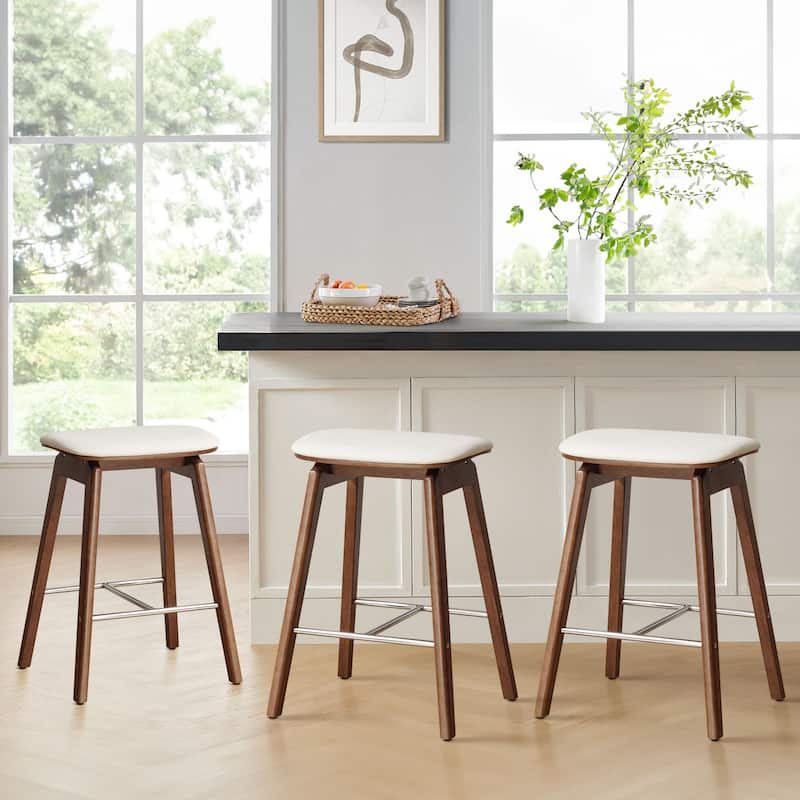 26-Inch Faux Leather Wood Counter Stools Set of 1/2/3 - 26"H x 18.1"L x 16.5"D - Set of 3 - Walnut Legs