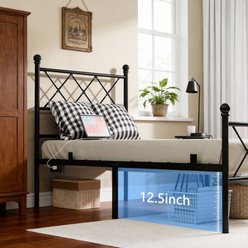 Twin Size Metal Platform Bed with RGB LED Lights,Charging Station,Heavy Duty,Remote and App Control,Under Bed Storage