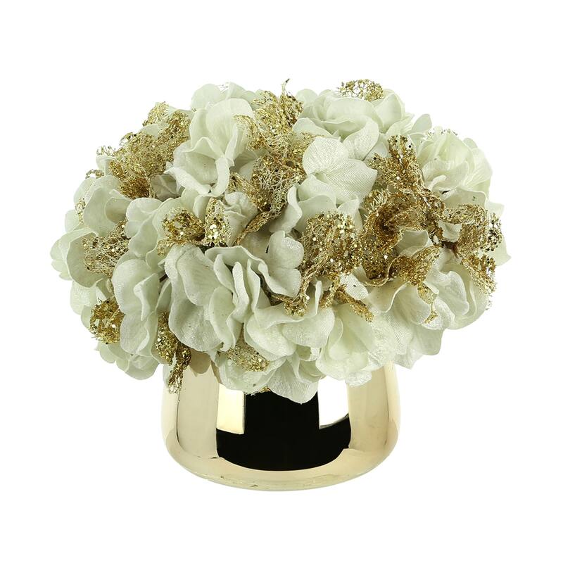 Hydrangea Holiday Arrangement in a Glass Vase - White, Gold - 9Hx9Wx9D