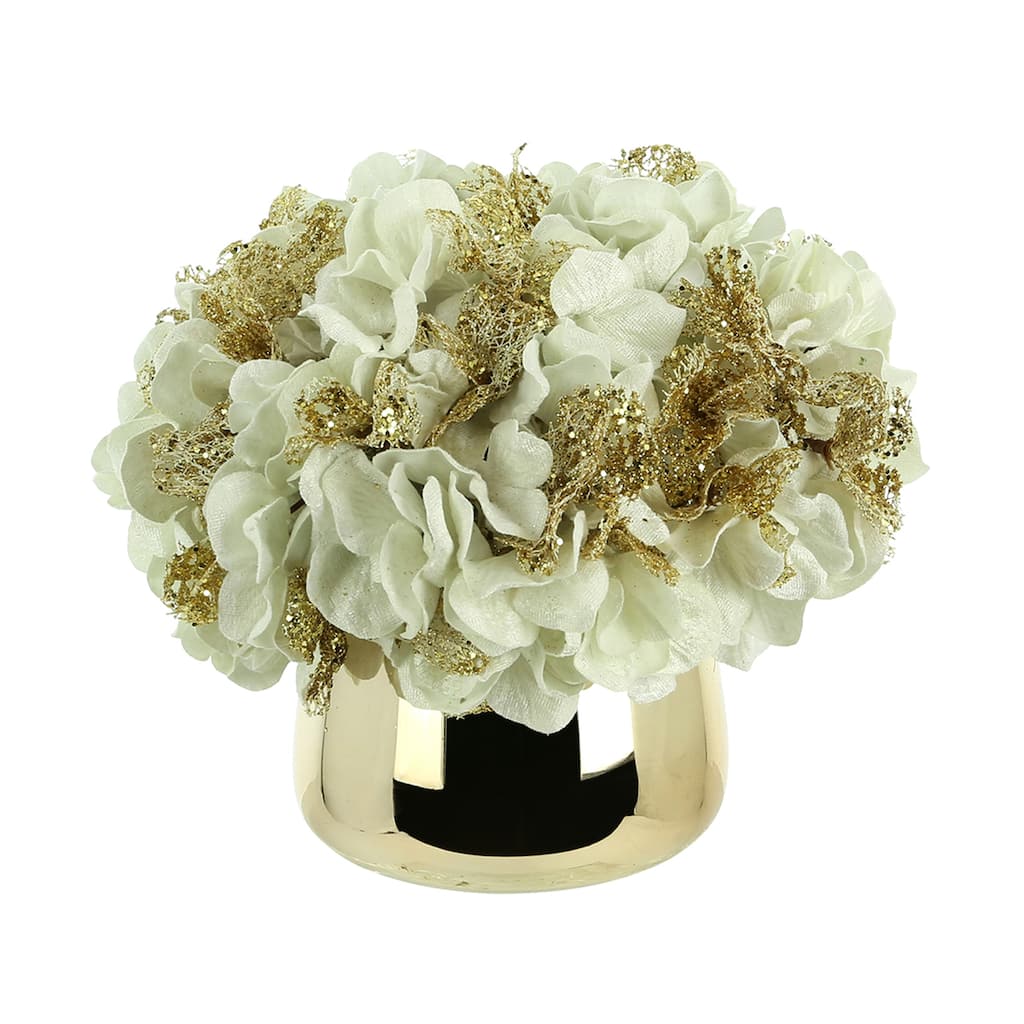 Hydrangea Holiday Arrangement in a Glass Vase - White, Gold - 9Hx9Wx9D