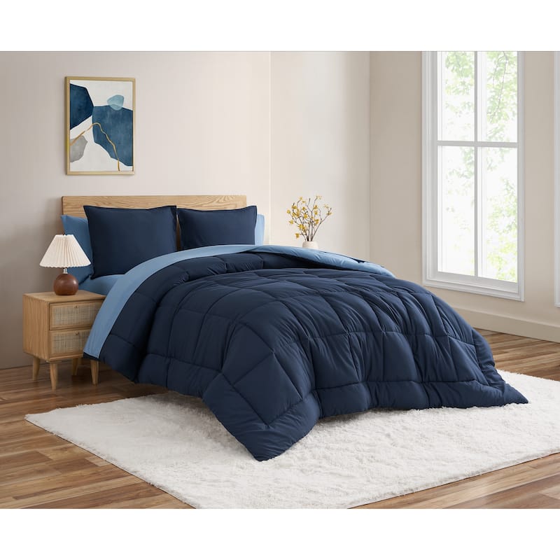 Solid Reversible Blue Comforter Set With Sheet Set