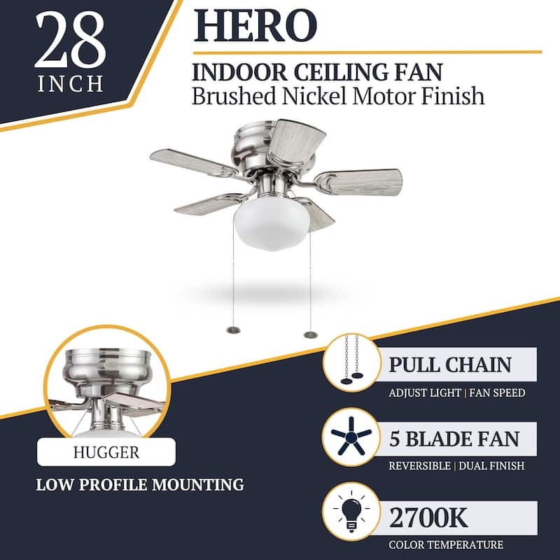 28" Prominence Home Hero Brushed Nickel Traditional Flush Mount Indoor LED Ceiling Fan with Light, Pull Chain