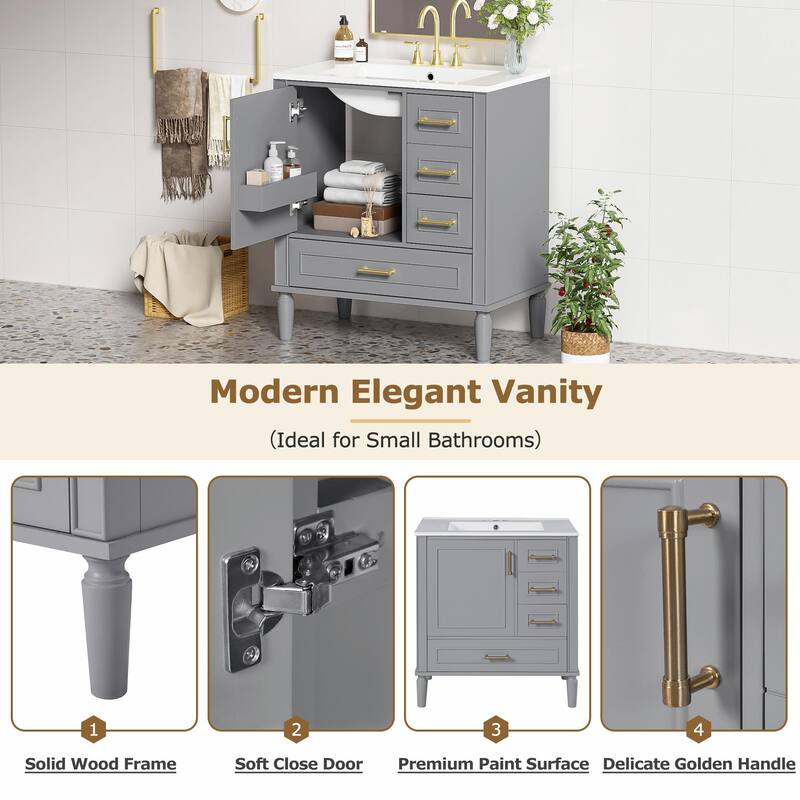 30" Bathroom Vanity with Ceramic Sink, Soft-Close Door, Built-in Shelf & Ample Storage