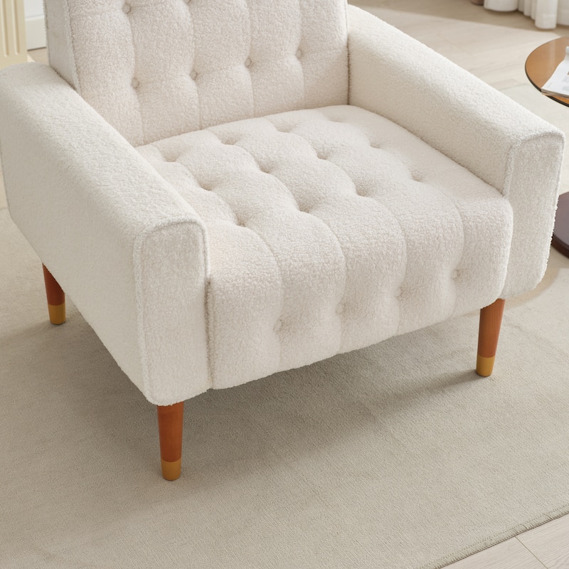 Beige 33.75" Classic Biscuit-Style Button Tufted Accent Chair with Elegant Solid Wood Legs