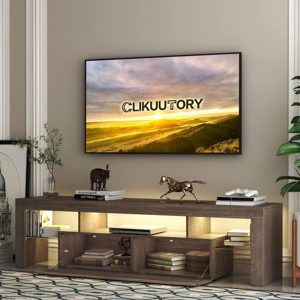 Country-Style LED TV Stand Glossy Entertainment Center with 2 Large Drawers and 3 Open Frames, for Living Room and Bedroom