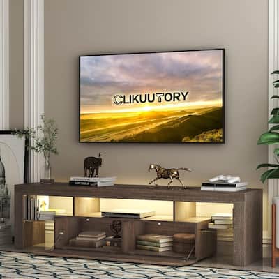 Wood Media Console with Adjustable Brightness, TV Stand with 16-Color Lights, Entertainment Center with Open Shelves