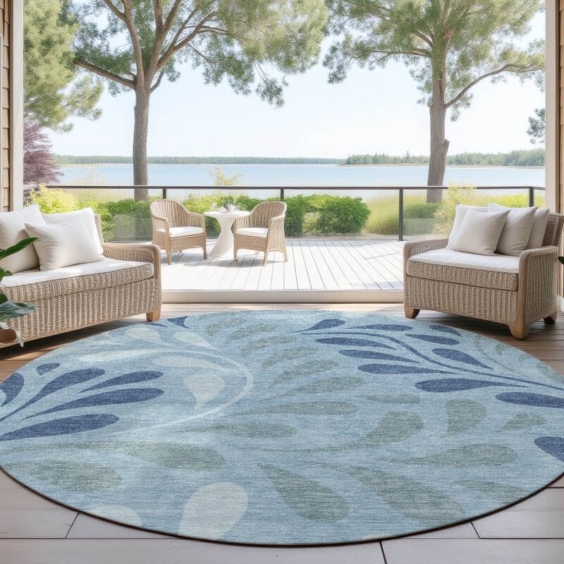 Machine Washable Indoor/ Outdoor Floral Arabesque Chantille Rug - Denim - 8' x 8'