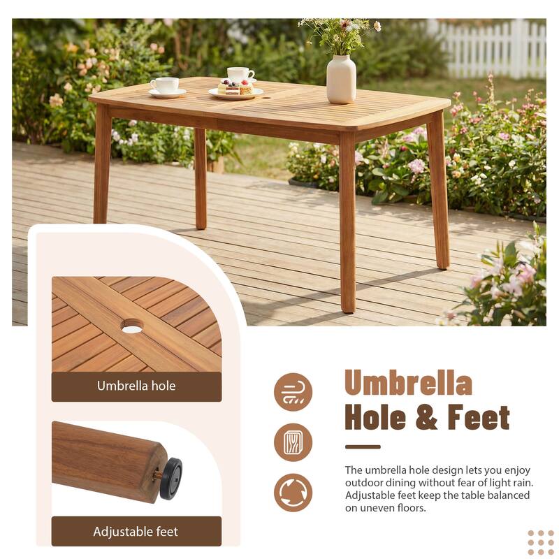Outdoor Acacia Wood Dining Set with PE Wicker Rattan Dining Chairs And Table with Umbrella Hole 7-Piece Weather-resistant Set