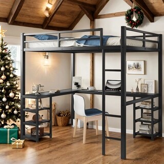 Metal Full Loft Bed with Desk and Shelves