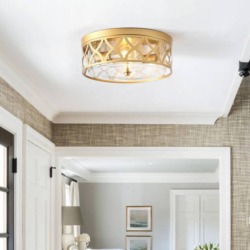 Modern Gold 2-Light Flush Mount Ceiling Light Fixture with Clear Seeded Glass