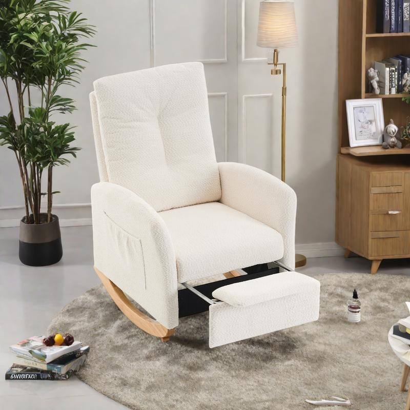 Wood Finish High-Back Rocking Chair with Footrest and Side Pocket - Beige
