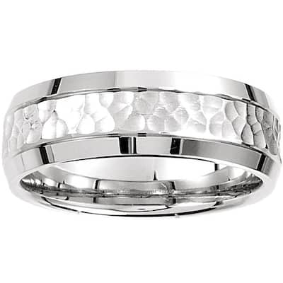 Mens White Gold Hammered Beveled Edge 7MM Wedding Band Ring