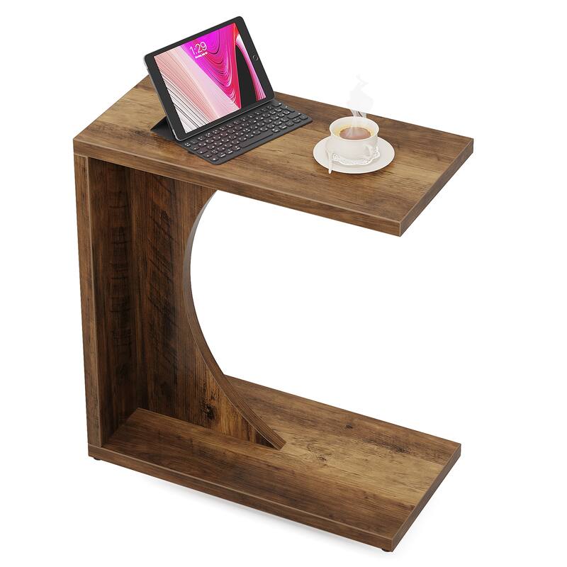 Wood 2-Tier C-Shaped End Side Sofa Couch Table for Small Space