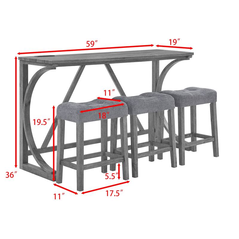 59" Bar Table Set with Power Outlet, Industrial Breakfast Table with 3 Stools, 4 Piece Counter Height Bar Table and Chair Set