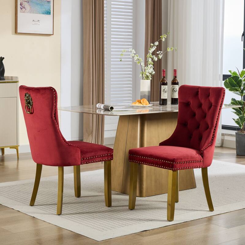 Velvet Dining Chairs Set of 2, Tufted Dining Chairs with Nailhead Trim, Kitchen Chairs with Lion Head Pulls Ring & Wooden Legs