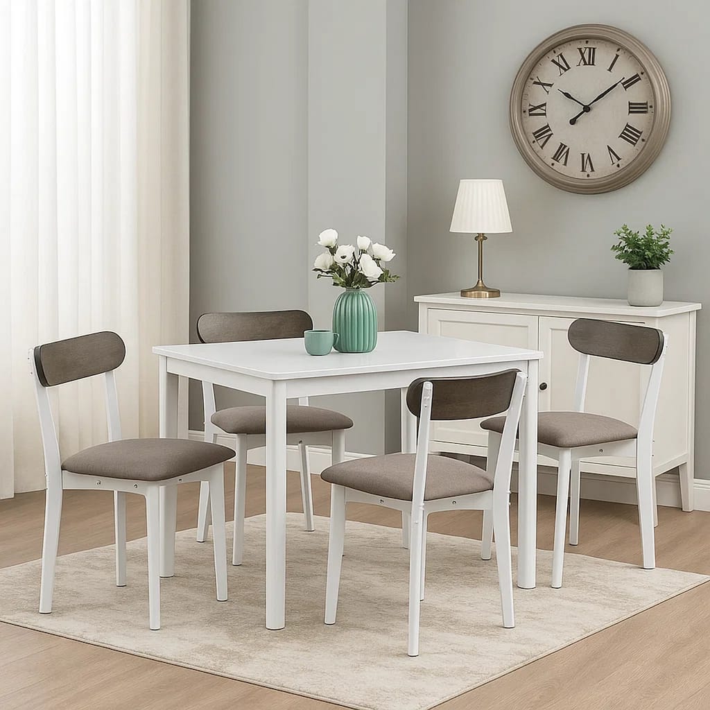 Ideli 5 Piece Dining Table Set with 4 Chairs, Brown Linen, White Wood