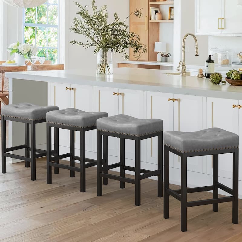 Backless Cushioned Faux Leather Bar Stools Counter Height Stools with Metal Frame - 24" H