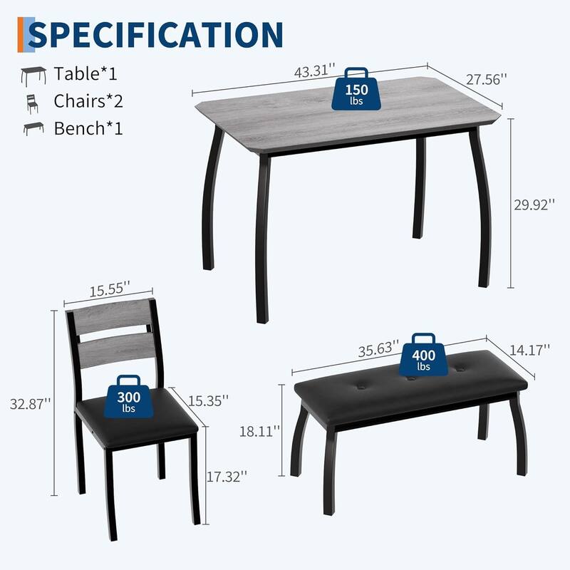 4-Pcs Dining Table Set with Upholstered Bench & 2 Chairs, Space-Saving Kitchen Table for Apartment or Small Dining Room